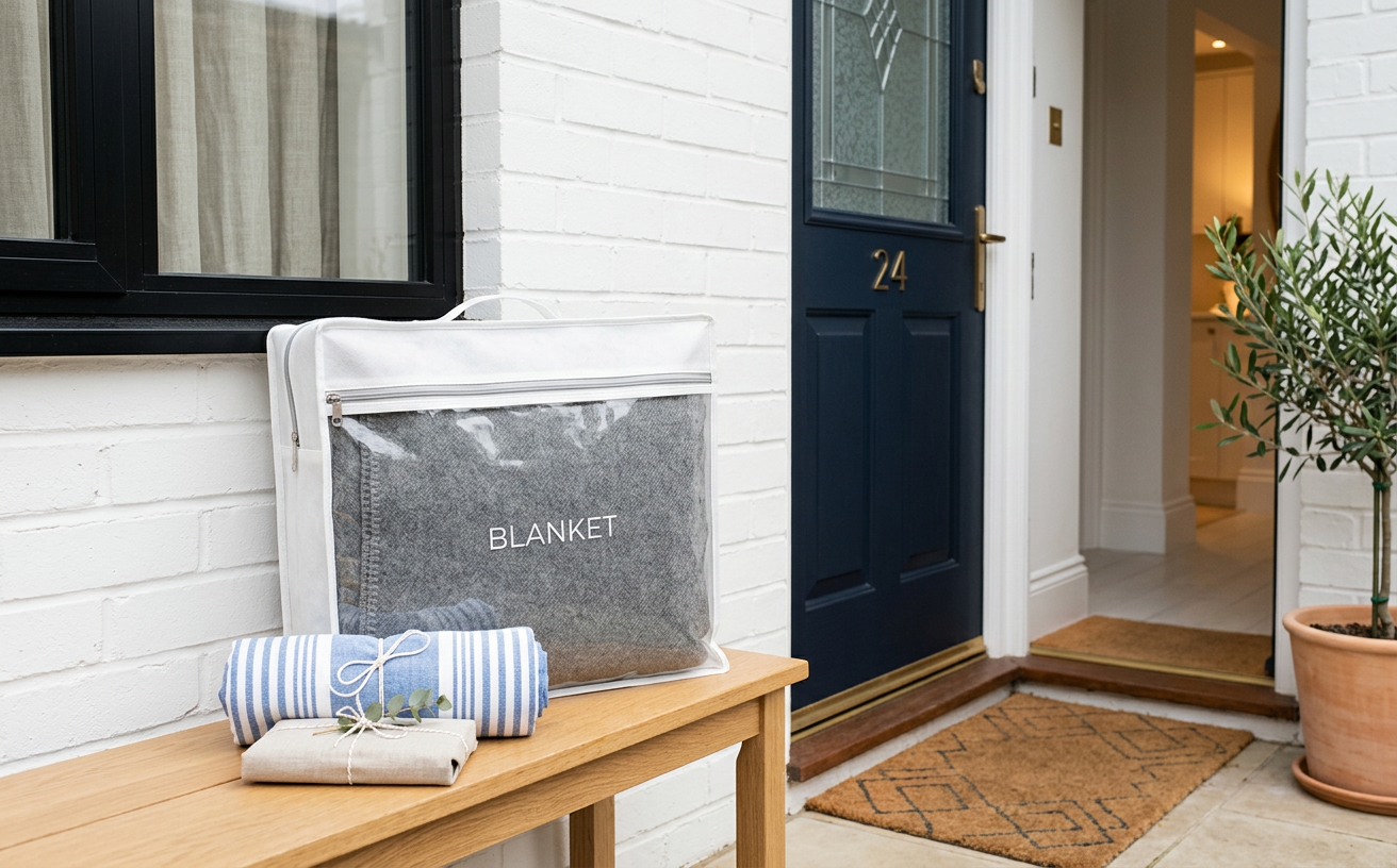 A freshly cleaned blanket in a protective bag waiting at a doorstep
