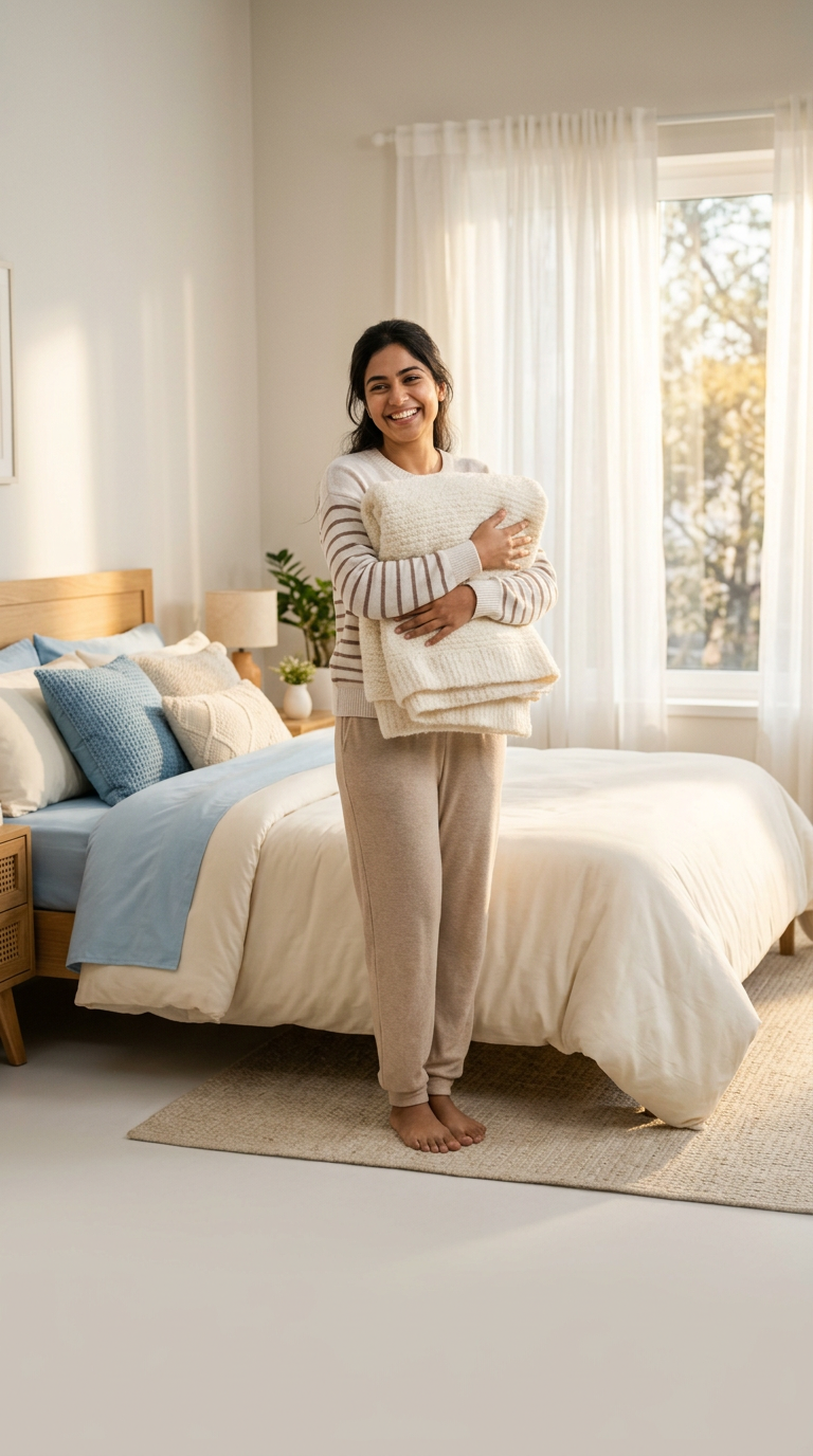 Smiling woman holding a freshly cleaned, folded blanket in a bright bedroom