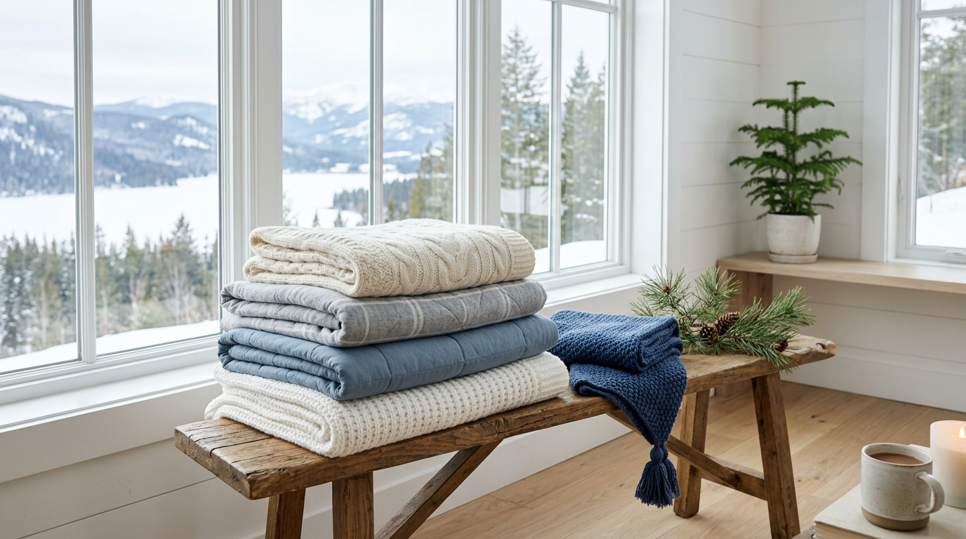 Neat stack of fresh, clean winter blankets and quilts beside a knitted scarf